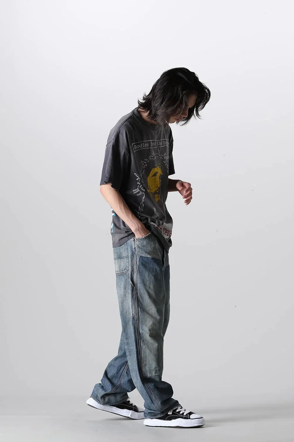 SAINT MICHAEL SS TEE/B FOR REAPER Jesus Hell's Angels Washed and Distressed Short Sleeves Washed Black S-XL Garment Dyed Printed Washed and Distressed